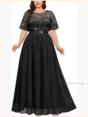 Plus Size Sequin Lace Round Neck Butterfly Sleeves Formal Evening Maxi Dress